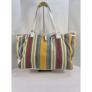 Lambertson Truex canvas tote with white leather trim and a multicolored striped